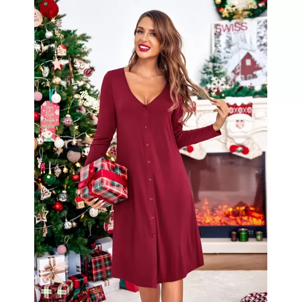 Ekouaer Womens Long Sleeve Button Down Nightgown Loose VNeck Nightshirt Sleepwear Pajama DressWine Red