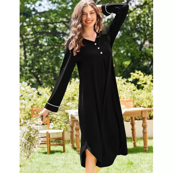 Ekouaer Womens Long Sleeve Nightgown Long Nightshirt Full Length Loungewear Button Down Sleep Dress S4XLBlack