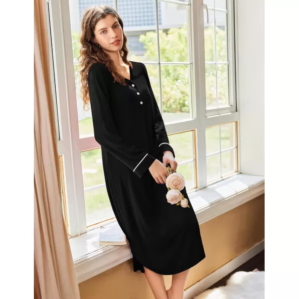 Ekouaer Womens Long Sleeve Nightgown Long Nightshirt Full Length Loungewear Button Down Sleep Dress S4XLBlack