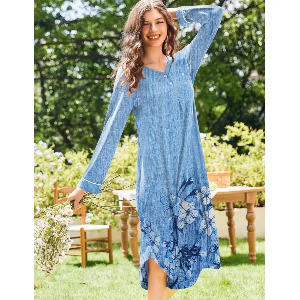 Ekouaer Womens Long Sleeve Nightgown Long Nightshirt Full Length Loungewear Button Down Sleep Dress S4XLBlue Floral