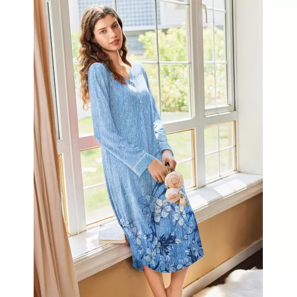 Ekouaer Womens Long Sleeve Nightgown Long Nightshirt Full Length Loungewear Button Down Sleep Dress S4XLBlue Floral