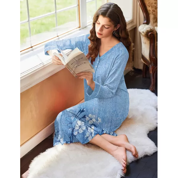 Ekouaer Womens Long Sleeve Nightgown Long Nightshirt Full Length Loungewear Button Down Sleep Dress S4XLBlue Floral