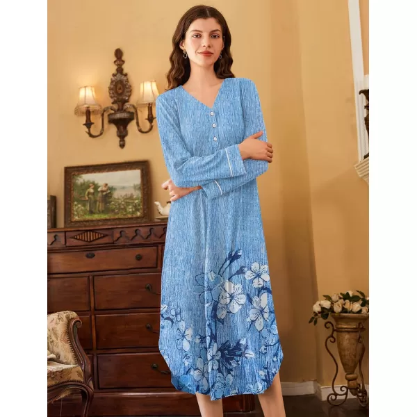 Ekouaer Womens Long Sleeve Nightgown Long Nightshirt Full Length Loungewear Button Down Sleep Dress S4XLBlue Floral