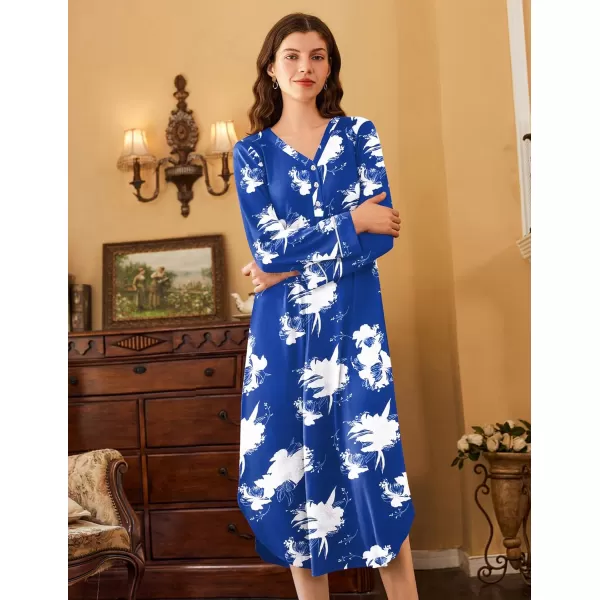 Ekouaer Womens Long Sleeve Nightgown Long Nightshirt Full Length Loungewear Button Down Sleep Dress S4XLBlue Flower