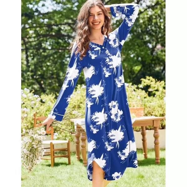 Ekouaer Womens Long Sleeve Nightgown Long Nightshirt Full Length Loungewear Button Down Sleep Dress S4XLBlue Flower