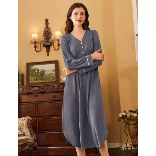Ekouaer Womens Long Sleeve Nightgown Long Nightshirt Full Length Loungewear Button Down Sleep Dress S4XLGray