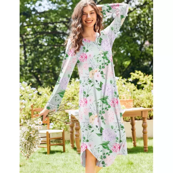 Ekouaer Womens Long Sleeve Nightgown Long Nightshirt Full Length Loungewear Button Down Sleep Dress S4XLGreen Floral