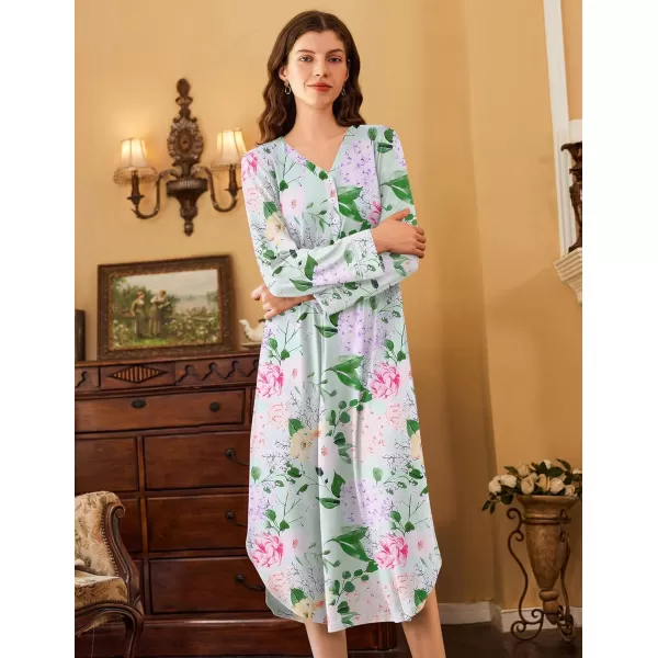 Ekouaer Womens Long Sleeve Nightgown Long Nightshirt Full Length Loungewear Button Down Sleep Dress S4XLGreen Floral