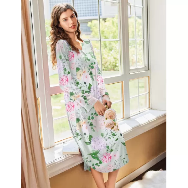 Ekouaer Womens Long Sleeve Nightgown Long Nightshirt Full Length Loungewear Button Down Sleep Dress S4XLGreen Floral