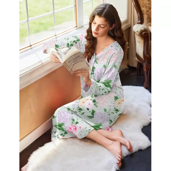 Ekouaer Womens Long Sleeve Nightgown Long Nightshirt Full Length Loungewear Button Down Sleep Dress S4XLGreen Floral