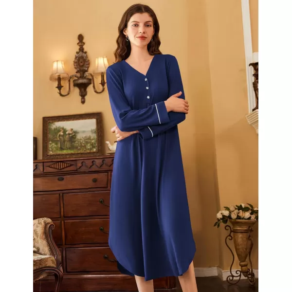 Ekouaer Womens Long Sleeve Nightgown Long Nightshirt Full Length Loungewear Button Down Sleep Dress S4XLNavy Blue