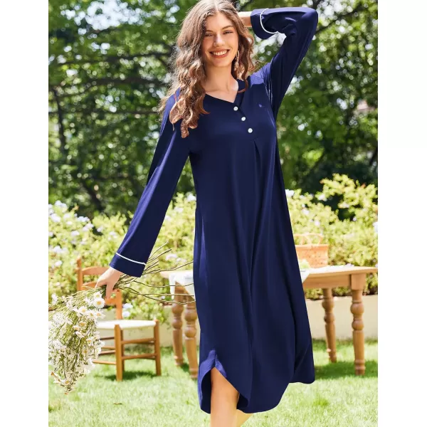 Ekouaer Womens Long Sleeve Nightgown Long Nightshirt Full Length Loungewear Button Down Sleep Dress S4XLNavy Blue