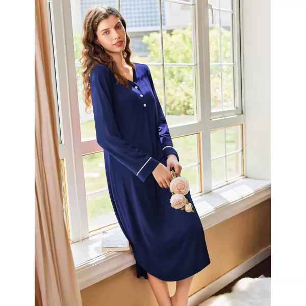Ekouaer Womens Long Sleeve Nightgown Long Nightshirt Full Length Loungewear Button Down Sleep Dress S4XLNavy Blue