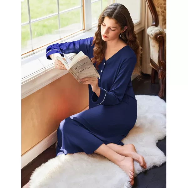 Ekouaer Womens Long Sleeve Nightgown Long Nightshirt Full Length Loungewear Button Down Sleep Dress S4XLNavy Blue