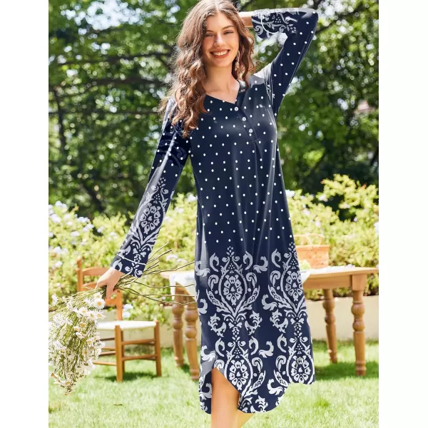 Ekouaer Womens Long Sleeve Nightgown Long Nightshirt Full Length Loungewear Button Down Sleep Dress S4XLNavy Floral