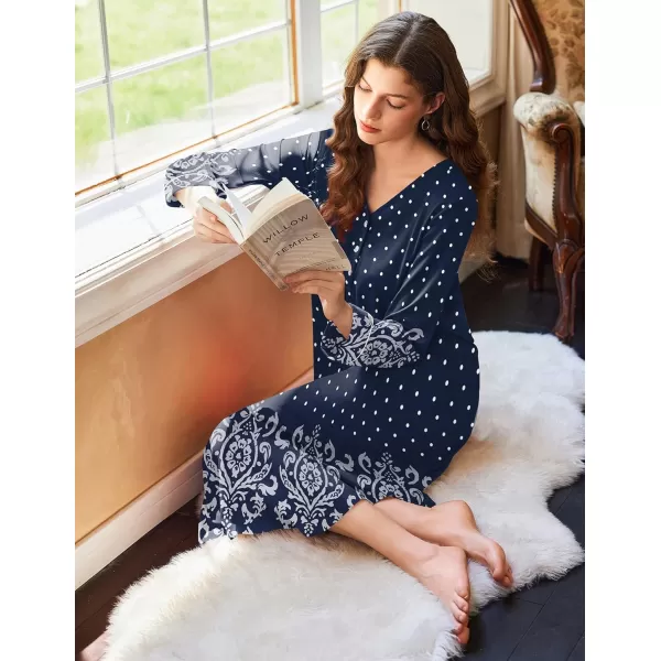 Ekouaer Womens Long Sleeve Nightgown Long Nightshirt Full Length Loungewear Button Down Sleep Dress S4XLNavy Floral