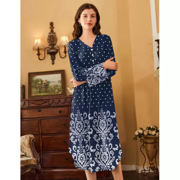 Ekouaer Womens Long Sleeve Nightgown Long Nightshirt Full Length Loungewear Button Down Sleep Dress S4XLNavy Floral