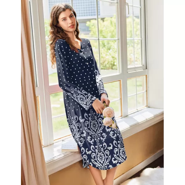 Ekouaer Womens Long Sleeve Nightgown Long Nightshirt Full Length Loungewear Button Down Sleep Dress S4XLNavy Floral