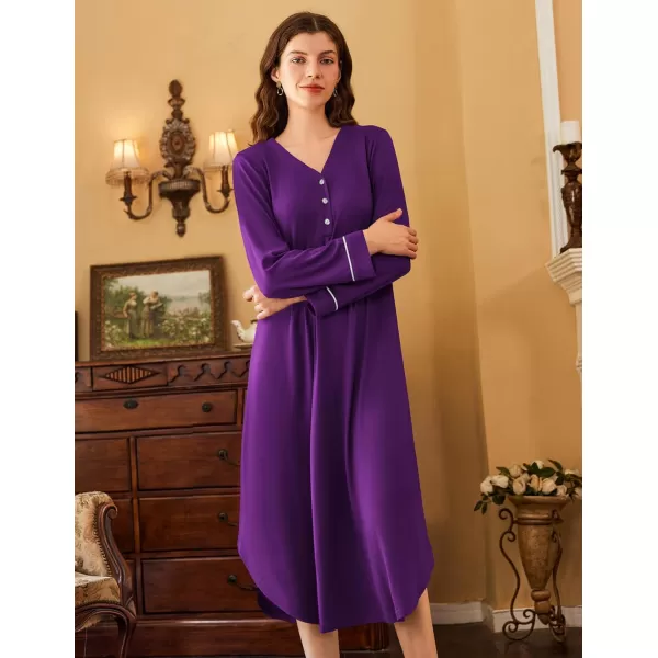 Ekouaer Womens Long Sleeve Nightgown Long Nightshirt Full Length Loungewear Button Down Sleep Dress S4XLPurple