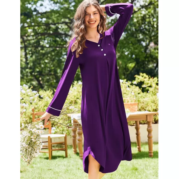 Ekouaer Womens Long Sleeve Nightgown Long Nightshirt Full Length Loungewear Button Down Sleep Dress S4XLPurple