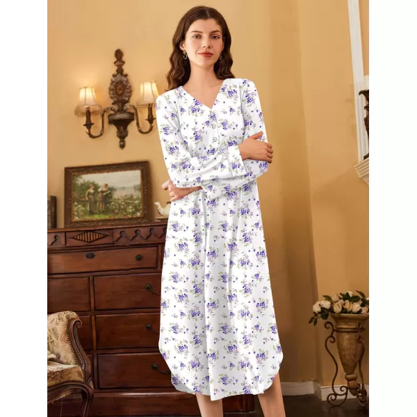 Ekouaer Womens Long Sleeve Nightgown Long Nightshirt Full Length Loungewear Button Down Sleep Dress S4XLPurple Floral