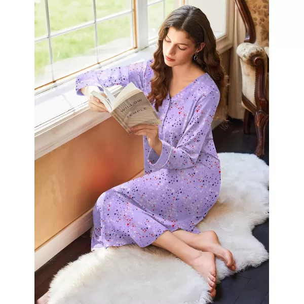 Ekouaer Womens Long Sleeve Nightgown Long Nightshirt Full Length Loungewear Button Down Sleep Dress S4XLPurple Stars