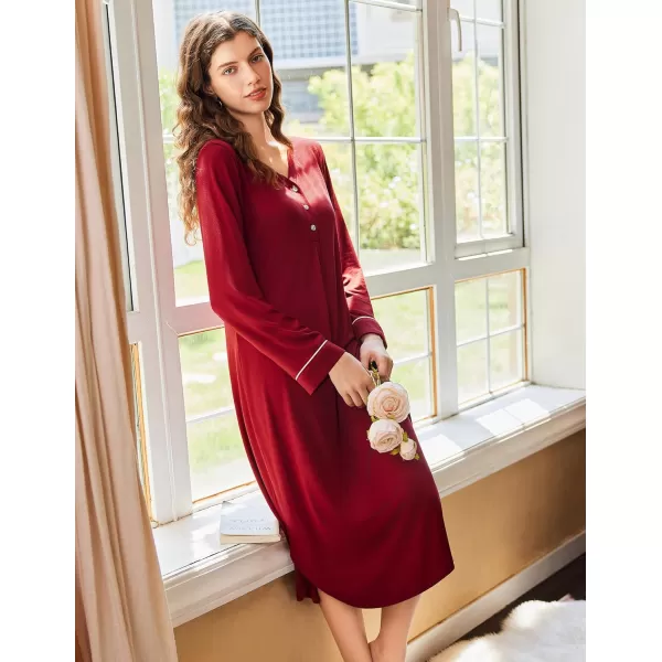 Ekouaer Womens Long Sleeve Nightgown Long Nightshirt Full Length Loungewear Button Down Sleep Dress S4XLRed