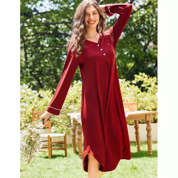 Ekouaer Womens Long Sleeve Nightgown Long Nightshirt Full Length Loungewear Button Down Sleep Dress S4XLRed