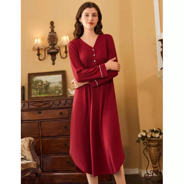 Ekouaer Womens Long Sleeve Nightgown Long Nightshirt Full Length Loungewear Button Down Sleep Dress S4XLRed