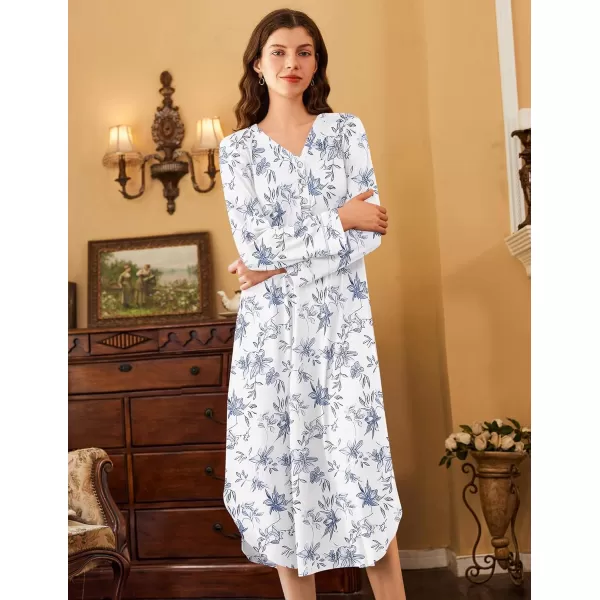 Ekouaer Womens Long Sleeve Nightgown Long Nightshirt Full Length Loungewear Button Down Sleep Dress S4XLWhite Flower