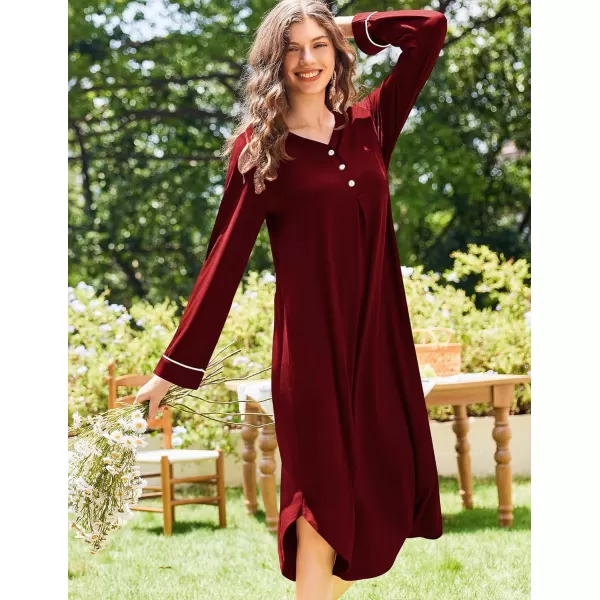 Ekouaer Womens Long Sleeve Nightgown Long Nightshirt Full Length Loungewear Button Down Sleep Dress S4XLWine Red