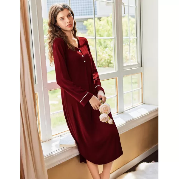 Ekouaer Womens Long Sleeve Nightgown Long Nightshirt Full Length Loungewear Button Down Sleep Dress S4XLWine Red