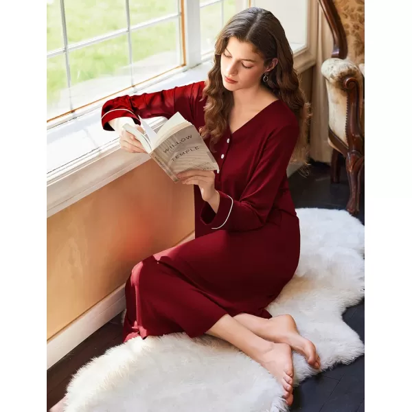 Ekouaer Womens Long Sleeve Nightgown Long Nightshirt Full Length Loungewear Button Down Sleep Dress S4XLWine Red