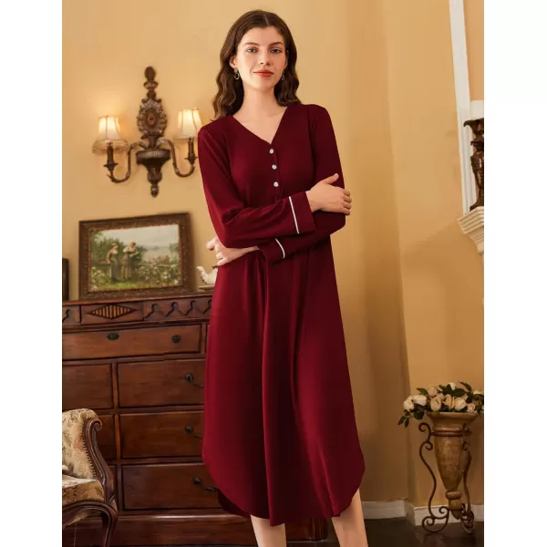 Ekouaer Womens Long Sleeve Nightgown Long Nightshirt Full Length Loungewear Button Down Sleep Dress S4XLWine Red