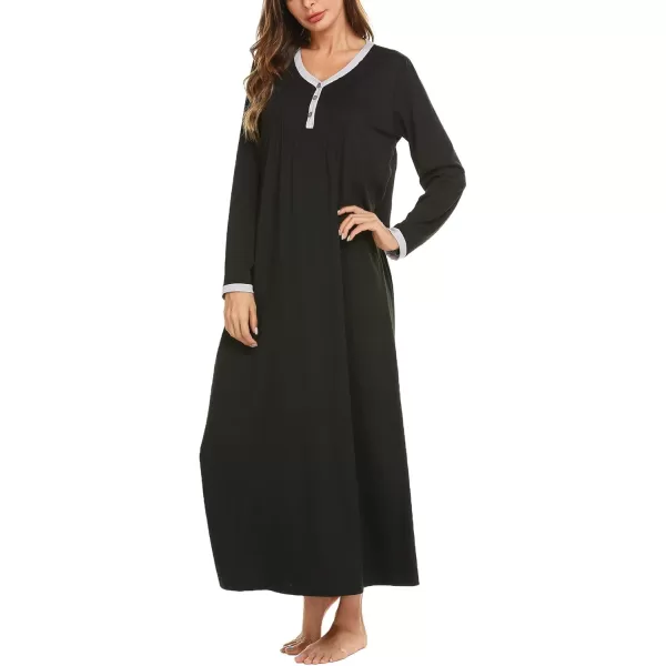 Ekouaer Womens Long Sleeve Nightgown Long Sleepshirts Henley Sleep Dress Full Length Sleepwear S4XLAablack