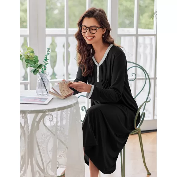 Ekouaer Womens Long Sleeve Nightgown Long Sleepshirts Henley Sleep Dress Full Length Sleepwear S4XLAablack