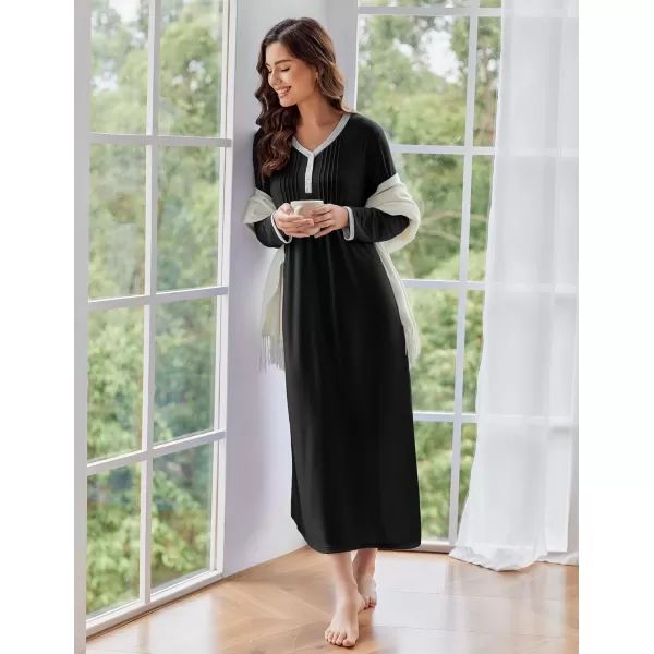 Ekouaer Womens Long Sleeve Nightgown Long Sleepshirts Henley Sleep Dress Full Length Sleepwear S4XLAablack