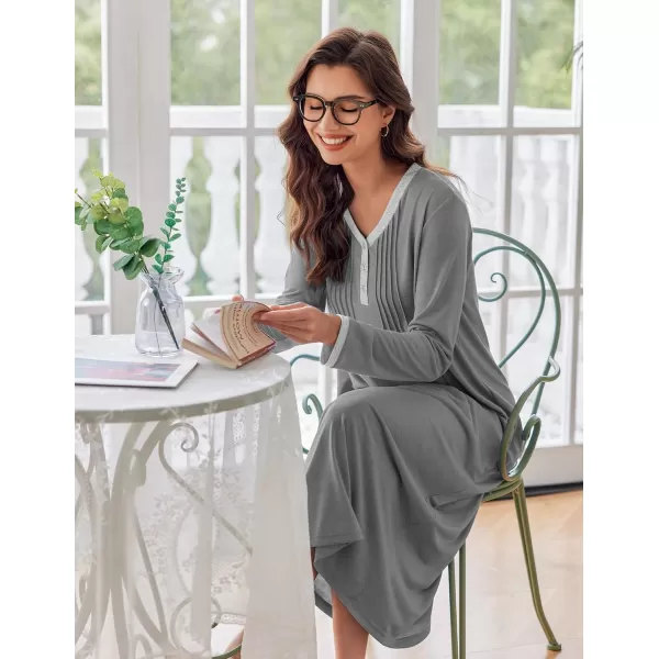 Ekouaer Womens Long Sleeve Nightgown Long Sleepshirts Henley Sleep Dress Full Length Sleepwear S4XLAadark Grey