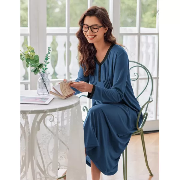 Ekouaer Womens Long Sleeve Nightgown Long Sleepshirts Henley Sleep Dress Full Length Sleepwear S4XLAanavy