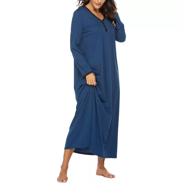 Ekouaer Womens Long Sleeve Nightgown Long Sleepshirts Henley Sleep Dress Full Length Sleepwear S4XLAanavy