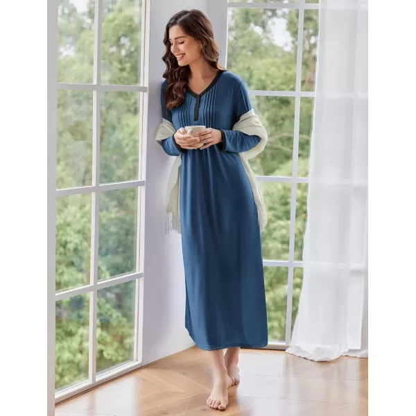 Ekouaer Womens Long Sleeve Nightgown Long Sleepshirts Henley Sleep Dress Full Length Sleepwear S4XLAanavy