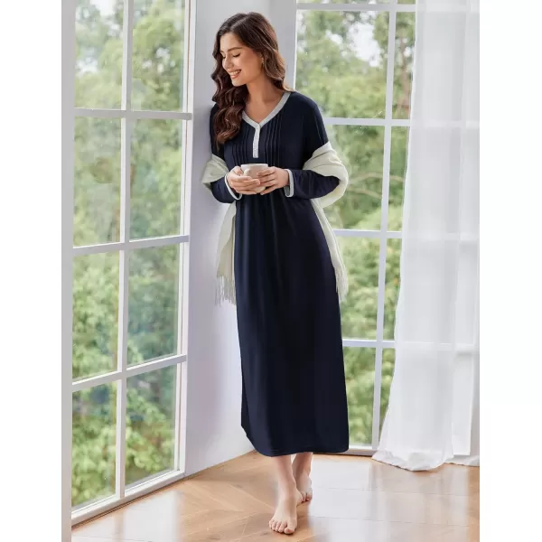 Ekouaer Womens Long Sleeve Nightgown Long Sleepshirts Henley Sleep Dress Full Length Sleepwear S4XLAanavy Blue