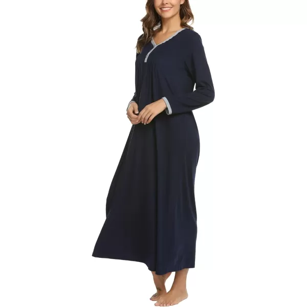 Ekouaer Womens Long Sleeve Nightgown Long Sleepshirts Henley Sleep Dress Full Length Sleepwear S4XLAanavy Blue