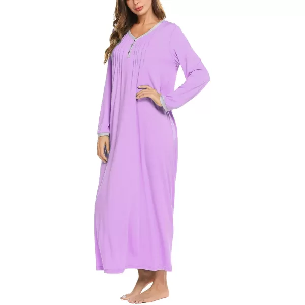 Ekouaer Womens Long Sleeve Nightgown Long Sleepshirts Henley Sleep Dress Full Length Sleepwear S4XLAapurple