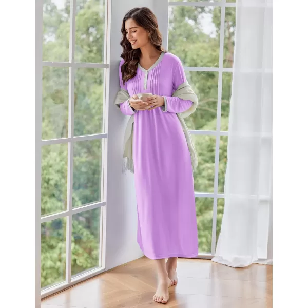 Ekouaer Womens Long Sleeve Nightgown Long Sleepshirts Henley Sleep Dress Full Length Sleepwear S4XLAapurple