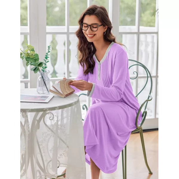 Ekouaer Womens Long Sleeve Nightgown Long Sleepshirts Henley Sleep Dress Full Length Sleepwear S4XLAapurple