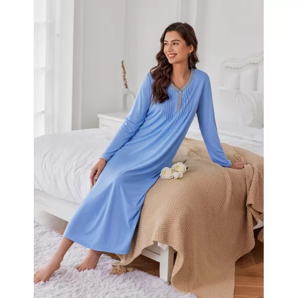 Ekouaer Womens Long Sleeve Nightgown Long Sleepshirts Henley Sleep Dress Full Length Sleepwear S4XLAasky Blue