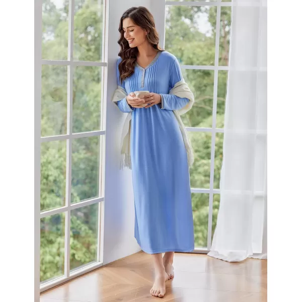 Ekouaer Womens Long Sleeve Nightgown Long Sleepshirts Henley Sleep Dress Full Length Sleepwear S4XLAasky Blue