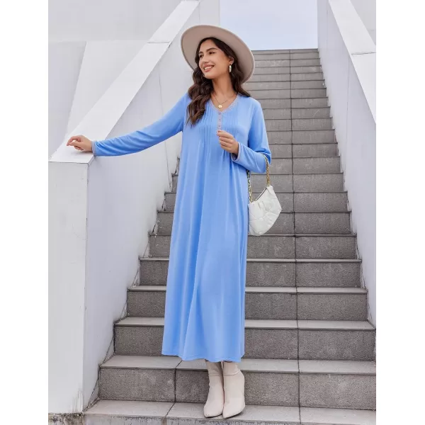 Ekouaer Womens Long Sleeve Nightgown Long Sleepshirts Henley Sleep Dress Full Length Sleepwear S4XLAasky Blue