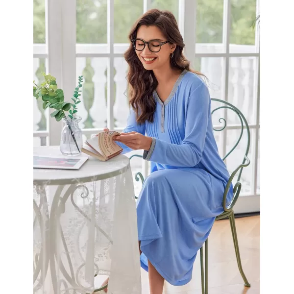 Ekouaer Womens Long Sleeve Nightgown Long Sleepshirts Henley Sleep Dress Full Length Sleepwear S4XLAasky Blue